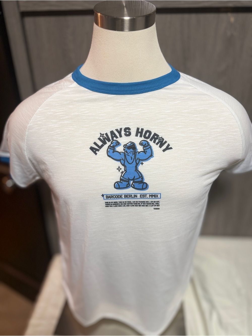BARCODE European cut White Ringer Tee with Blue Graphic "Always Horny"